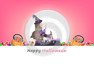 Happy Halloween, greeting card party invites, witch and magic with full moon, pumpkin sweet candy, celebration background vector