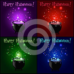 Happy Halloween greeting card set. Witch cauldron with boiling sparkling potion