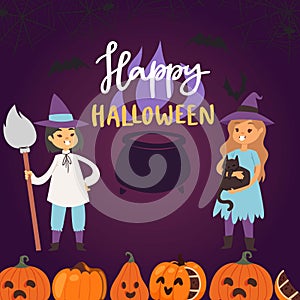 Happy Halloween greeting card, vector illustration. Girls witches in a fancy dress with pumpkins, cat, broom and magic