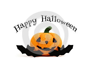 Happy Halloween greeting card. Wool halloween pumpkin and bats isolated on white background. Felting Jack o lantern head