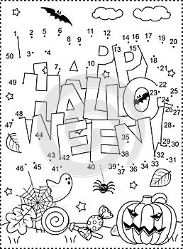 `Happy Halloween!` greeting dot-to-dot picture puzzle and coloring page, poster, sign or banner black and white activity sheet