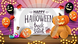 Happy Halloween, greeting pink card with halloween balloons and Teddy bear with Jack pumpkin head