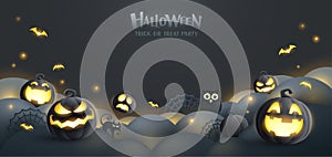 Happy Halloween. Group of 3D illustration black dark glowing Jack O lantern pumpkin on treat or trick fun party celebration backgr