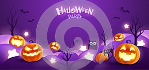 Happy Halloween. Group of 3D illustration glowing Jack O Lantern pumpkin on treat or trick fantasy fun party celebration purple