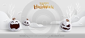 Happy Halloween. Group of 3D illustration white modern pumpkin on white minimalist fun party celebration background design