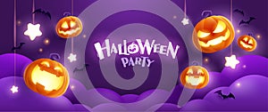 Happy Halloween. Group of 3D illustration glowing pumpkin on treat or trick fun party celebration purple background design