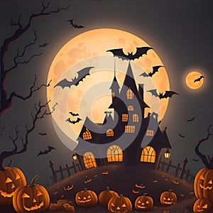 Happy Halloween. Group illustration glowing pumpkin on treat or trick fantasy fun party celebration dark night background design.