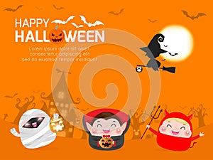 Happy Halloween. Group of kids in halloween costume Template for advertising brochure. Happy Halloween party poster