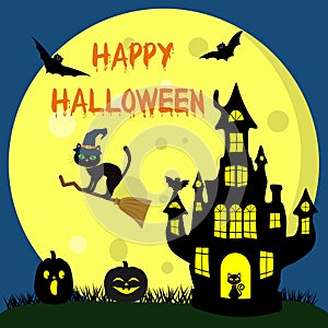 Happy Halloween. A Halloween cat in a witch hat flies on a broomstick against the full moon at night. Witch Castle, two Halloween