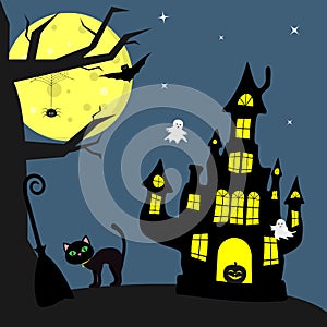 Happy Halloween. The Halloween feline witch stands next to the broom. Witch Castle, pumpkin, tree, spider, full moon at night. Fly