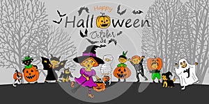 Happy Halloween. Halloween party. Children dressed in a Halloween costume. Banner. Vector. Design concept for party invitations,