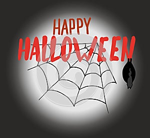 Happy halloween hand-drawing lettring on a dark background of the moon with a spider web and a bat. vector illustration