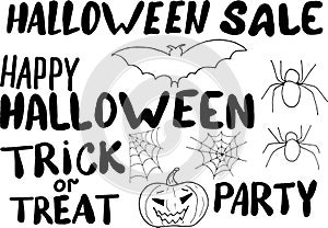 Happy halloween hand drawing message with elements for design - bat, pumpkin, spider and cobweb. vector doodle