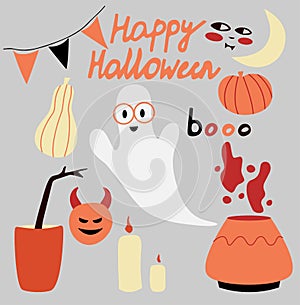 Happy Halloween hand drawn elements. Set of colored Halloween vector illustrations.