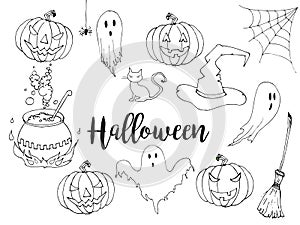Happy Halloween hand drawn illustration set in sketch style. Halloween doodle decorative elements for poster or flyer design. Isol