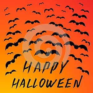 Happy Halloween hand written with brush. Grunge style lettering. Flying bats on bright orange background