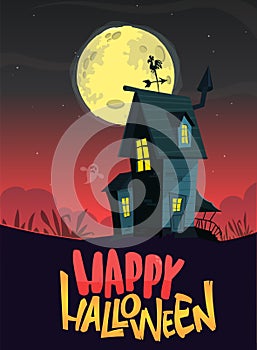 Happy halloween haunted house cartoon illustration. Vector horror scary mansion on the night background with moon. Party poster