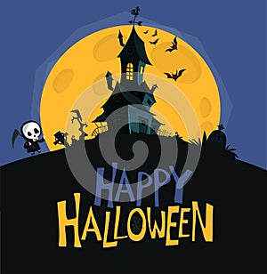 Happy halloween haunted house cartoon illustration. Vector horror scary mansion on the night background with moon. Party poster