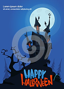 Happy halloween haunted house cartoon illustration. Vector horror scary mansion on the night background with moon. Party poster