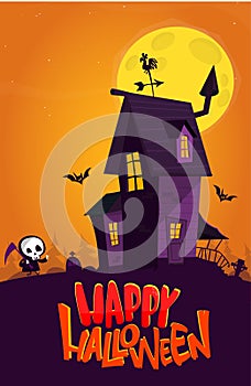 Happy halloween haunted house cartoon illustration. Vector horror scary mansion on the night background with moon. Party poster