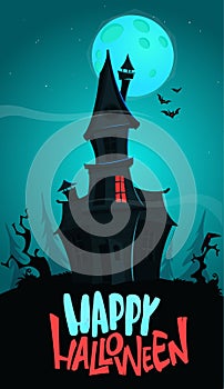 Happy halloween haunted house cartoon illustration. Vector horror scary mansion on the night background with moon. Party poster