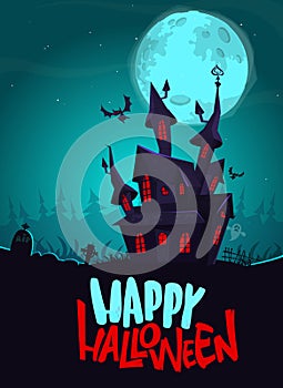 Happy halloween haunted house cartoon illustration. Vector horror scary mansion on the night background with moon. Party poster