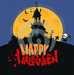 Happy halloween haunted house cartoon illustration. Vector horror scary mansion on the night background with moon. Party poster