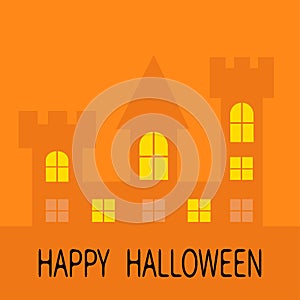 Happy Halloween. Haunted house shadow Dark castle tower silhouette. Switch on yellow light at the windows, triangle roof. Greeting