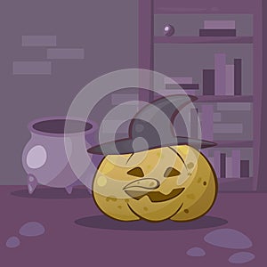Happy Halloween holiday greeting card. Halloween pumpkin like a witch with magic cauldron
