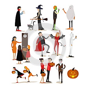 Happy halloween holiday party characters isolated on white background. Vector illustration in flat style. Design