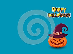 Happy halloween horizontal banner with lettering yellow-orange adn with pumpkin on a blue background. Vector Illustration
