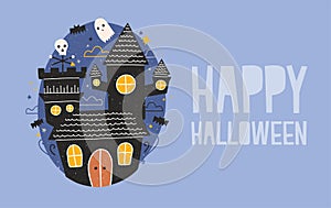 Happy Halloween horizontal holiday banner with gloomy haunted castle, funny ghosts and bats flying against dark starry