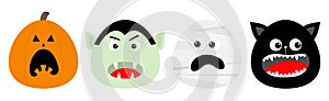 Happy Halloween icon set line. Vampire count Dracula, Mummy, Pumpkin, Cat round face head. Cute cartoon funny spooky baby