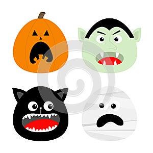 Happy Halloween icon set. Pumpkin, Vampire count Dracula, Mummy, Cat round face head. Cute cartoon funny spooky baby character.