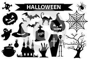 Happy Halloween icons set, black silhouette style. Isolated on white background. Halloween collection of design elements