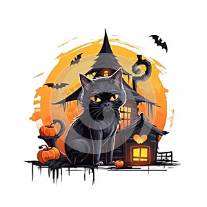 Happy Halloween. illustration black cat in cartoon style. AI Generated