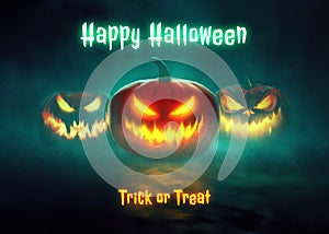 Happy Halloween illustration dark background scene with terrifying pumpkins. Halloween banner greeting card template