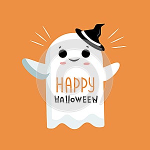 Happy Halloween illustration with lettering and ghost. Happy Halloween postcard with white ghost. Vector font design. Doodl