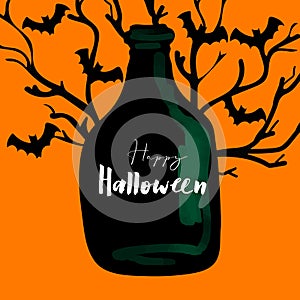Happy Halloween illustration with magic jar and black bat on orange background