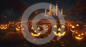 Happy halloween image with scary pumpkins in the graveyard of a castle background, AI generated.