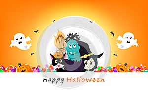 Happy Halloween invitation poster, pumpkin, black cat, candy, zombie monster, witch and spooky cute characters with full moon,