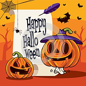 Happy Halloween. Jack O Lantern Halloween pumpkin with vintage scroll greetings