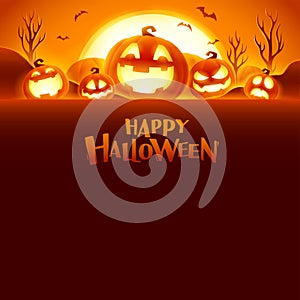 Happy Halloween. Jack O Lantern party. Halloween pumpkin patch in the moonlight. Wide copy space for design