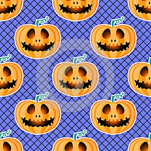 Happy Halloween jackolantern seamless pattern. Jack lantern with black fishnet tights. Vector illustration isolated on