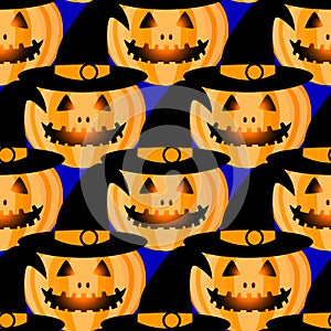 Happy Halloween jackolantern seamless pattern. Jack lantern with easy and hat. Vector illustration isolated on black