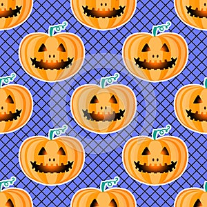 Happy Halloween jackolantern seamless pattern. Jack lantern pumpkin with black fishnet tights. Vector illustration