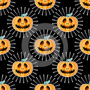 Happy Halloween jackolantern seamless pattern. Jack lantern with rays. Vector illustration isolated on black background.