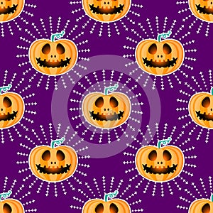 Happy Halloween jackolantern seamless pattern. Jack lantern with rays. Vector illustration isolated on purple background