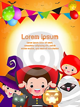 Happy Halloween Kids Costume Party. Group of children in Halloween costume jumping. Template for advertising brochure.