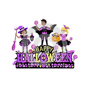 Happy Halloween label and happy kids dressed in Halloween costumes